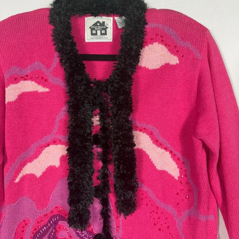 Vtg 90s Storybook Knits Pink Rose Beaded Knit Cardigan Sweater‎ Faux Fur Trim Sm